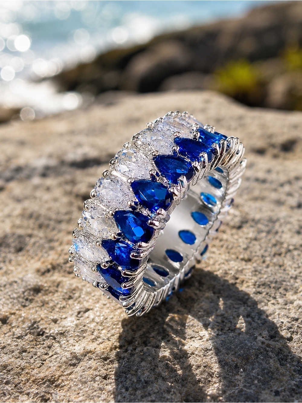 Silver color Ring with Blue and Clear Stones - Women Jewelry - Picture 6 of 8